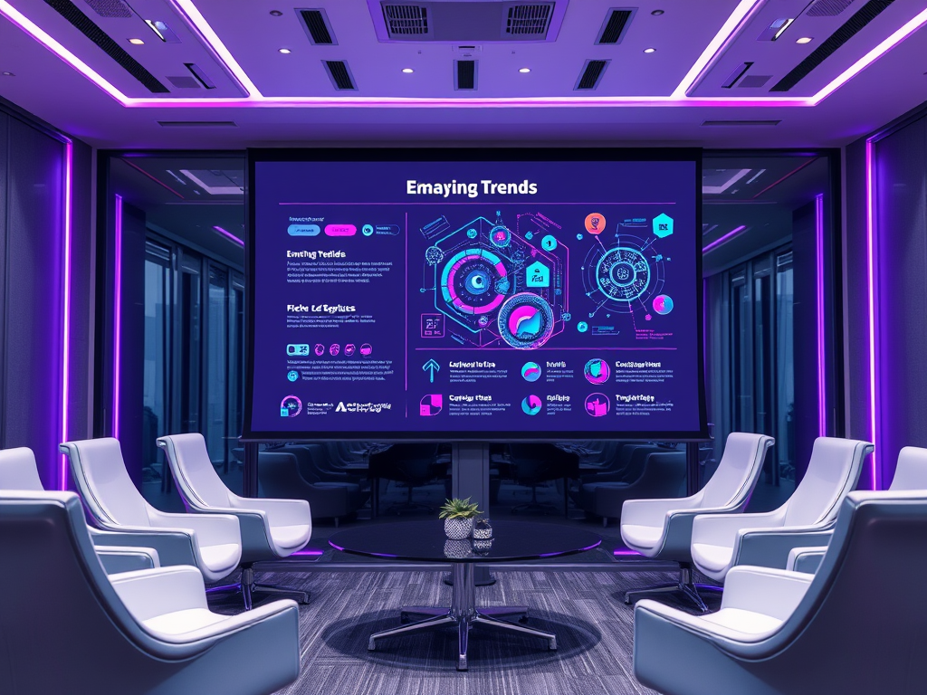 A modern conference room with a presentation on emerging trends, featuring colorful charts and graphs.